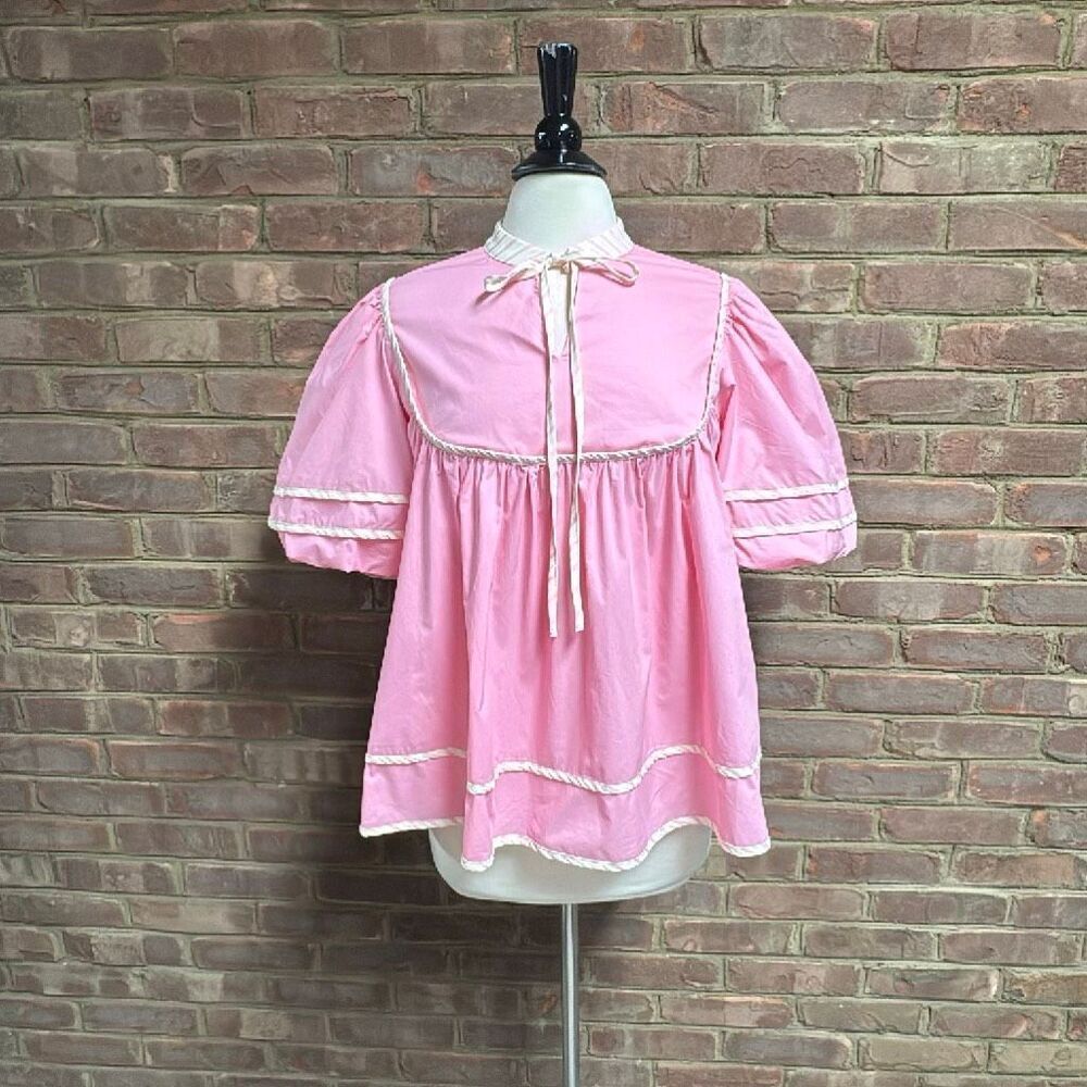 Gee Gee Women’s Pink Puff Sleeve Tie Front Top Sz Large NEW